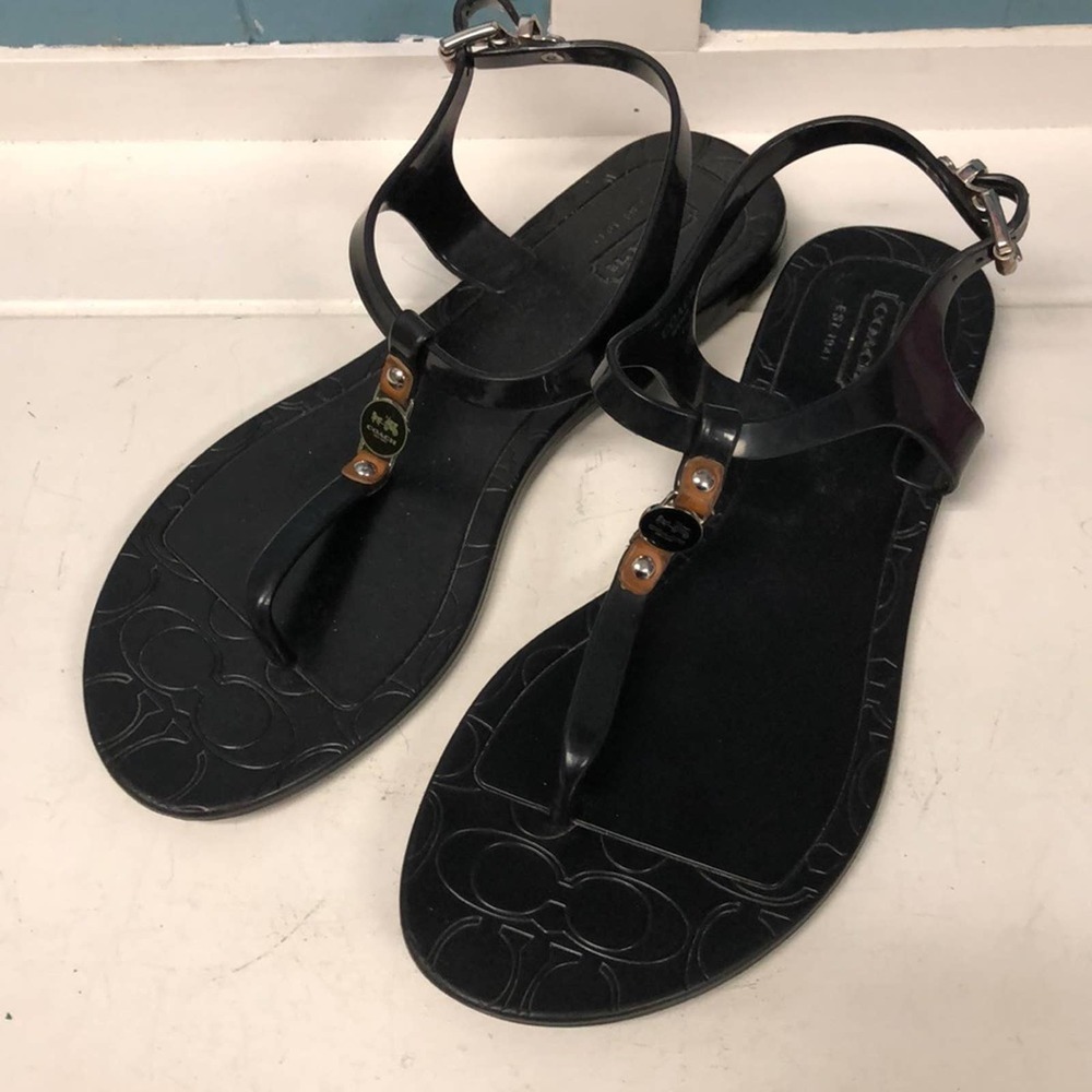 Authentic Coach Piccadilly 7 B Black Plastic Ankle Strap Flip Flop Jelly Sandals